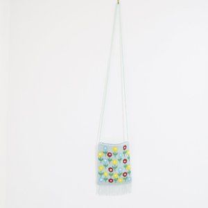 Vintage Light Blue Iridescent Beaded Floral Satin Shoulder Purse